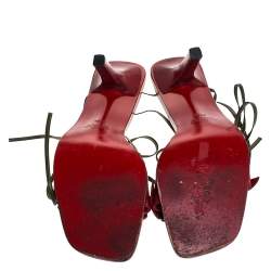 Pre Owned Valentino Red/Green Leather Flower Applique Square Toe Ankle Tie Sandals Size 39.5