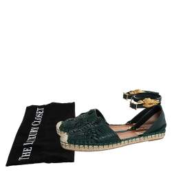 Pre Owned Valentino Green Leather Espadrilles  Ankle Wrap Flat Sandals Size 40
