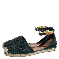 Pre Owned Valentino Green Leather Espadrilles  Ankle Wrap Flat Sandals Size 40