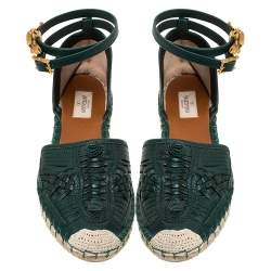 Pre Owned Valentino Green Leather Espadrilles  Ankle Wrap Flat Sandals Size 40