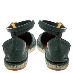 Pre Owned Valentino Green Leather Espadrilles  Ankle Wrap Flat Sandals Size 40