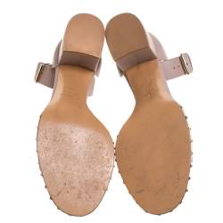 Pre Owned Valentino Beige Leather Soul Rockstud Ankle Strap Block Heel Sandals Size 39