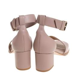 Pre Owned Valentino Beige Leather Soul Rockstud Ankle Strap Block Heel Sandals Size 39