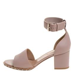 Pre Owned Valentino Beige Leather Soul Rockstud Ankle Strap Block Heel Sandals Size 39