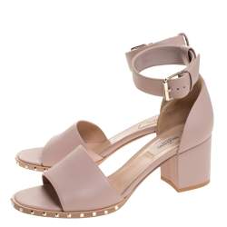 Pre Owned Valentino Beige Leather Soul Rockstud Ankle Strap Block Heel Sandals Size 39