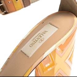 Pre Owned Valentino Multicolor Native Couture 1975 Print Leather and Plexiglass Heel Sandals Size 39