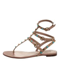 Pre Owned Valentino Beige Leather Thong Rockstud Sandals Size 39