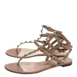 Pre Owned Valentino Beige Leather Thong Rockstud Sandals Size 39