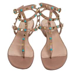 Pre Owned Valentino Beige Leather Thong Rockstud Sandals Size 39