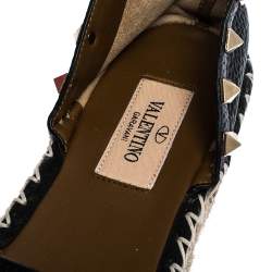 Pre Owned Valentino Black Leather Rockstud Espadrilles Ankle Strap Flats Size 36