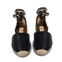 Pre Owned Valentino Black Leather Rockstud Espadrilles Ankle Strap Flats Size 36