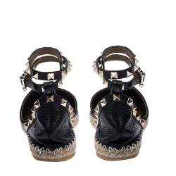 Pre Owned Valentino Black Leather Rockstud Espadrilles Ankle Strap Flats Size 36
