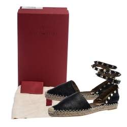 Pre Owned Valentino Black Leather Rockstud Espadrilles Ankle Strap Flats Size 36