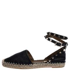 Pre Owned Valentino Black Leather Rockstud Espadrilles Ankle Strap Flats Size 36