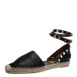 Pre Owned Valentino Black Leather Rockstud Espadrilles Ankle Strap Flats Size 36