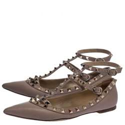 Pre Owned Valentino Beige Leather Rockstud Pointed Toe Ballet Flats Size 36.5