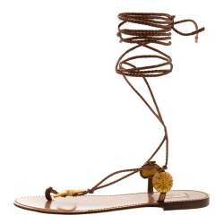 Pre Owned Valentino Brown Braided Leather Abyss Seashell Lace Up Flat Sandals Size 36