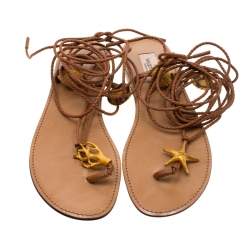 Pre Owned Valentino Brown Braided Leather Abyss Seashell Lace Up Flat Sandals Size 36
