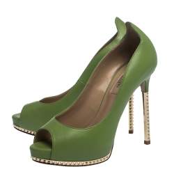 Pre Owned Valentino Green Leather Peep Toe Platform Pumps Size 36