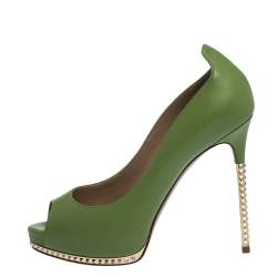 Pre Owned Valentino Green Leather Peep Toe Platform Pumps Size 36