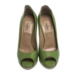 Pre Owned Valentino Green Leather Peep Toe Platform Pumps Size 36