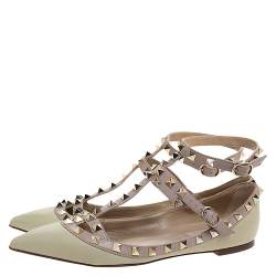 Pre Owned Valentino Light Green Leather Rockstud Double Ankle Strap Cage Ballerina Flats Size 37