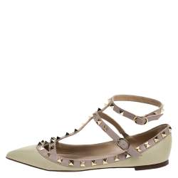 Pre Owned Valentino Light Green Leather Rockstud Double Ankle Strap Cage Ballerina Flats Size 37