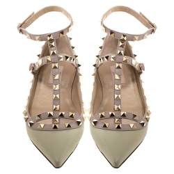 Pre Owned Valentino Light Green Leather Rockstud Double Ankle Strap Cage Ballerina Flats Size 37