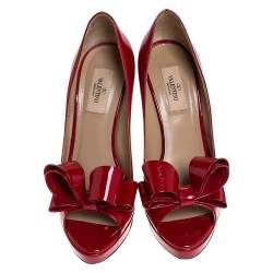 Pre Owned Valentino Red Patent Leather Bow Peep Toe Platform Pumps Size 38.5