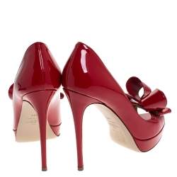 Pre Owned Valentino Red Patent Leather Bow Peep Toe Platform Pumps Size 38.5