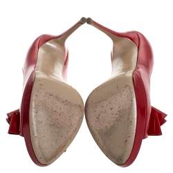 Pre Owned Valentino Red Patent Leather Bow Peep Toe Platform Pumps Size 38.5