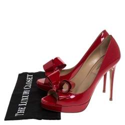 Pre Owned Valentino Red Patent Leather Bow Peep Toe Platform Pumps Size 38.5