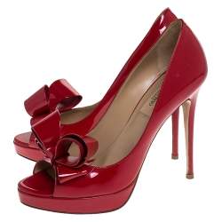 Pre Owned Valentino Red Patent Leather Bow Peep Toe Platform Pumps Size 38.5