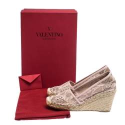 Pre Owned Valentino Light Pink Floral Lace Espadrille Wedge Pumps Size 36