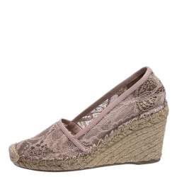 Pre Owned Valentino Light Pink Floral Lace Espadrille Wedge Pumps Size 36