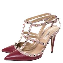 Pre Owned Valentino Red Leather Studded Strappy Pointed Toe Sandals Size 37