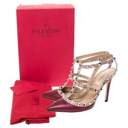 Pre Owned Valentino Red Leather Studded Strappy Pointed Toe Sandals Size 37