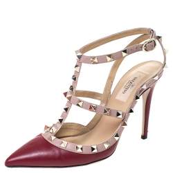 Pre Owned Valentino Red Leather Studded Strappy Pointed Toe Sandals Size 37