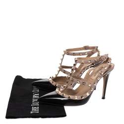 Pre Owned Valentino Black/Beige Patent Leather and Leather Rockstud Ankle Strap Sandals Size 37