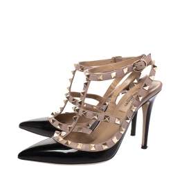 Pre Owned Valentino Black/Beige Patent Leather and Leather Rockstud Ankle Strap Sandals Size 37