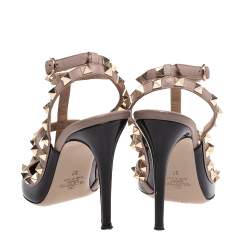 Pre Owned Valentino Black/Beige Patent Leather and Leather Rockstud Ankle Strap Sandals Size 37