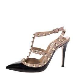 Pre Owned Valentino Black/Beige Patent Leather and Leather Rockstud Ankle Strap Sandals Size 37