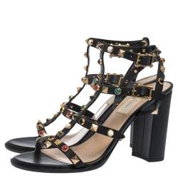 Pre Owned Valentino Black Leather Caged Studded Ankle Strap Sandals Size 37