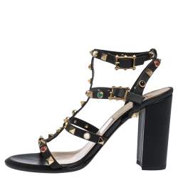 Pre Owned Valentino Black Leather Caged Studded Ankle Strap Sandals Size 37