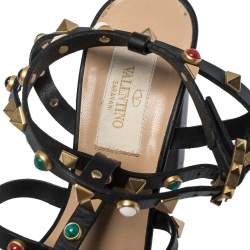 Pre Owned Valentino Black Leather Caged Studded Ankle Strap Sandals Size 37
