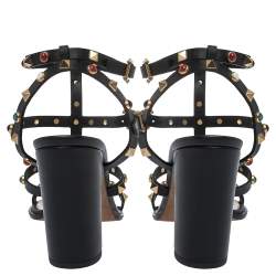 Pre Owned Valentino Black Leather Caged Studded Ankle Strap Sandals Size 37