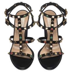 Pre Owned Valentino Black Leather Caged Studded Ankle Strap Sandals Size 37