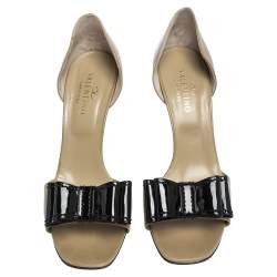 Valentino Beige Leather And Black Patent Bow Embellished D'orsay Open Toe Pumps Size 40