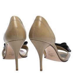 Valentino Beige Leather And Black Patent Bow Embellished D'orsay Open Toe Pumps Size 40