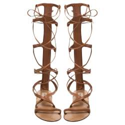 Pre Owned Valentino Tan Leather Knee High Gladiator Flat Sandals Size 37
